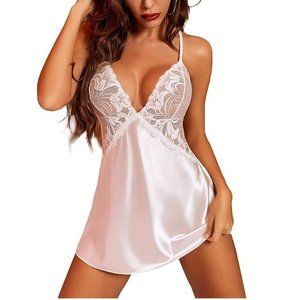 White  Lingerie V Neck Nightwear Satin Sleepwear Lace Chemise Mini Teddy